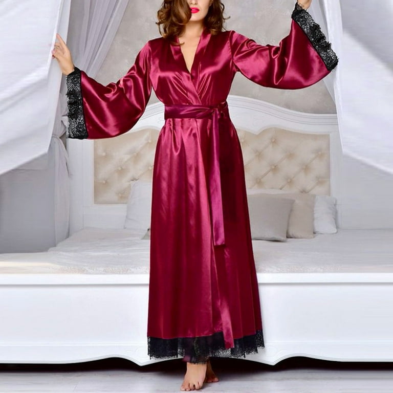 Women's Silk Pajamas Soft Comfy 2 Piece Lingerie Cami Night Dress with Long  Robe Sleepwear Nightgown Set Ladies Clothes