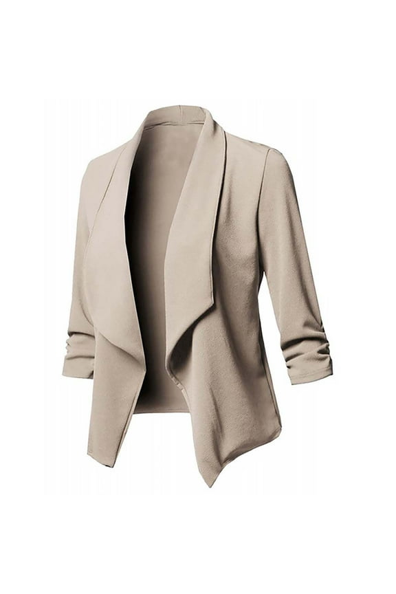 Ruched 3/4 Sleeve Open Front Draped Blazers Business Casual Basic Work Jackets for Women Plus Size Cardigans for Women S-21 Khaki 3XL