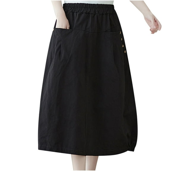 Mrat Ruffle Skirts Summer Casual Loose Flower Bud Skirt Women's Mid Skirt with Pocket Long Skirts with Slit S-241 Black M