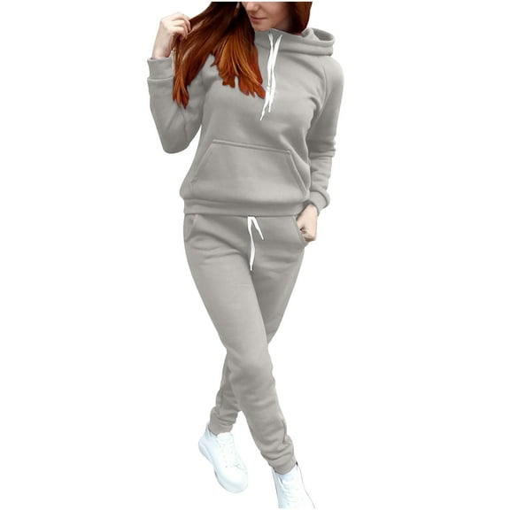 Mrat Scoop Neck Hoodie Sweatsuit Women's Casual Drawstring Hooded Set Loose Solid Long Sleeve Sweatshirt Tops and Long Pants Set Suits with Pockets S-2 Gray S