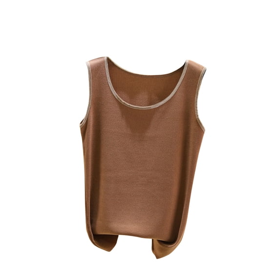 Mrat Scoop Neck Tank Tops Women's Solid Round Neck Lace Slim Tops Round Neck Lace Camisole S-264 Brown XL