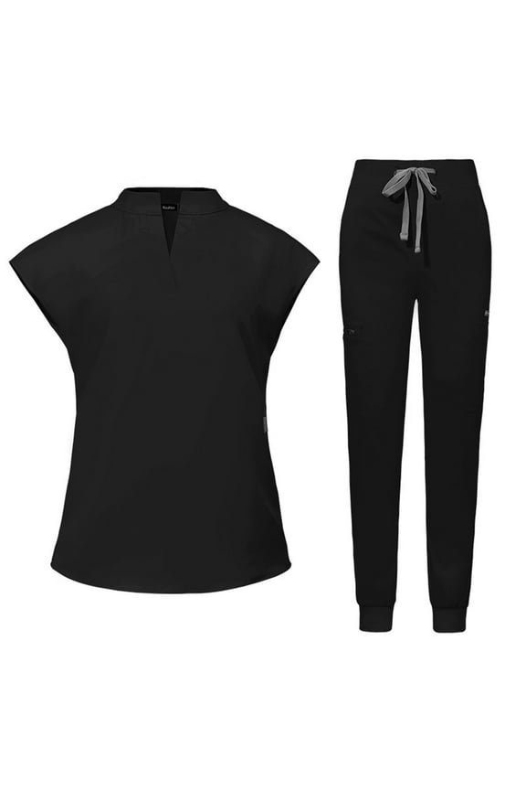 Scrub Set for Women Nurse Uniform Jogger Suit Stretch Tops & Pants with Pocket for Nurse Esthetician Workwear Women 2 Piece Set S-3 Black L
