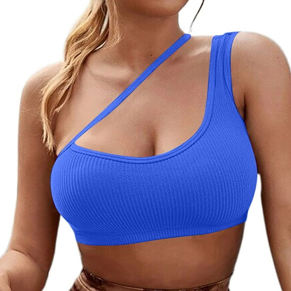 Mrat Seamless Sports Bra Women's One Shoulder Sports Bra Strappy Cut out Sleeveless Workout Running Yoga Cropped Top Ladies Cute Bralette S-154 Blue S