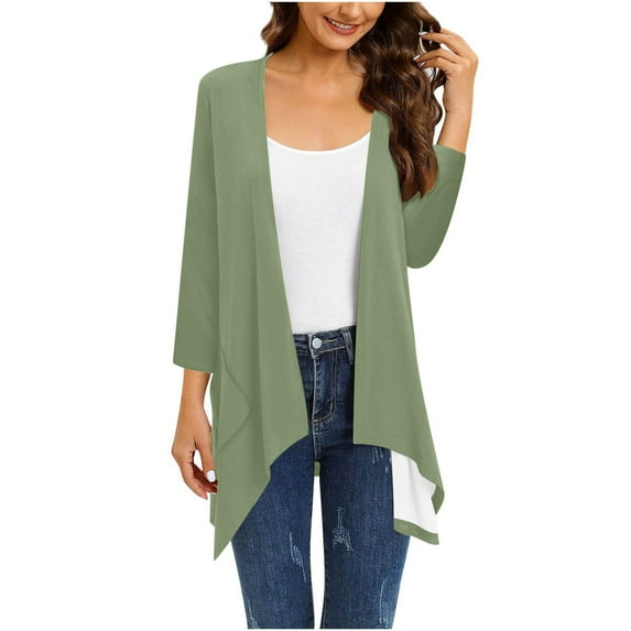 Mrat Sheer Cardigan for Womens 3/4 Sleeve Tops with Pocket Solid Irregular Flowy Jacket S-86 Green S