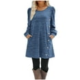 thumbnail image 1 of Mrat Shirt Dresses for Women 2024 Women's Fashion Casual Solid Color Long Sleeve Round-Neck Mid-Calf Dress Cute Dresses for Women S-369 Blue XXL, 1 of 8