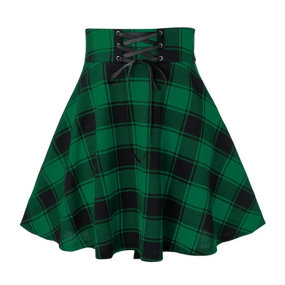Mrat Short Pleated Skirts for Women Mini Plaid Skirt High Waisted Drawstring A-Line Dress S-16 Green L