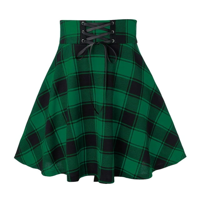 Mrat Short Pleated Skirts for Women Mini Plaid Skirt High Waisted Drawstring A-Line Dress S-16 Green m
