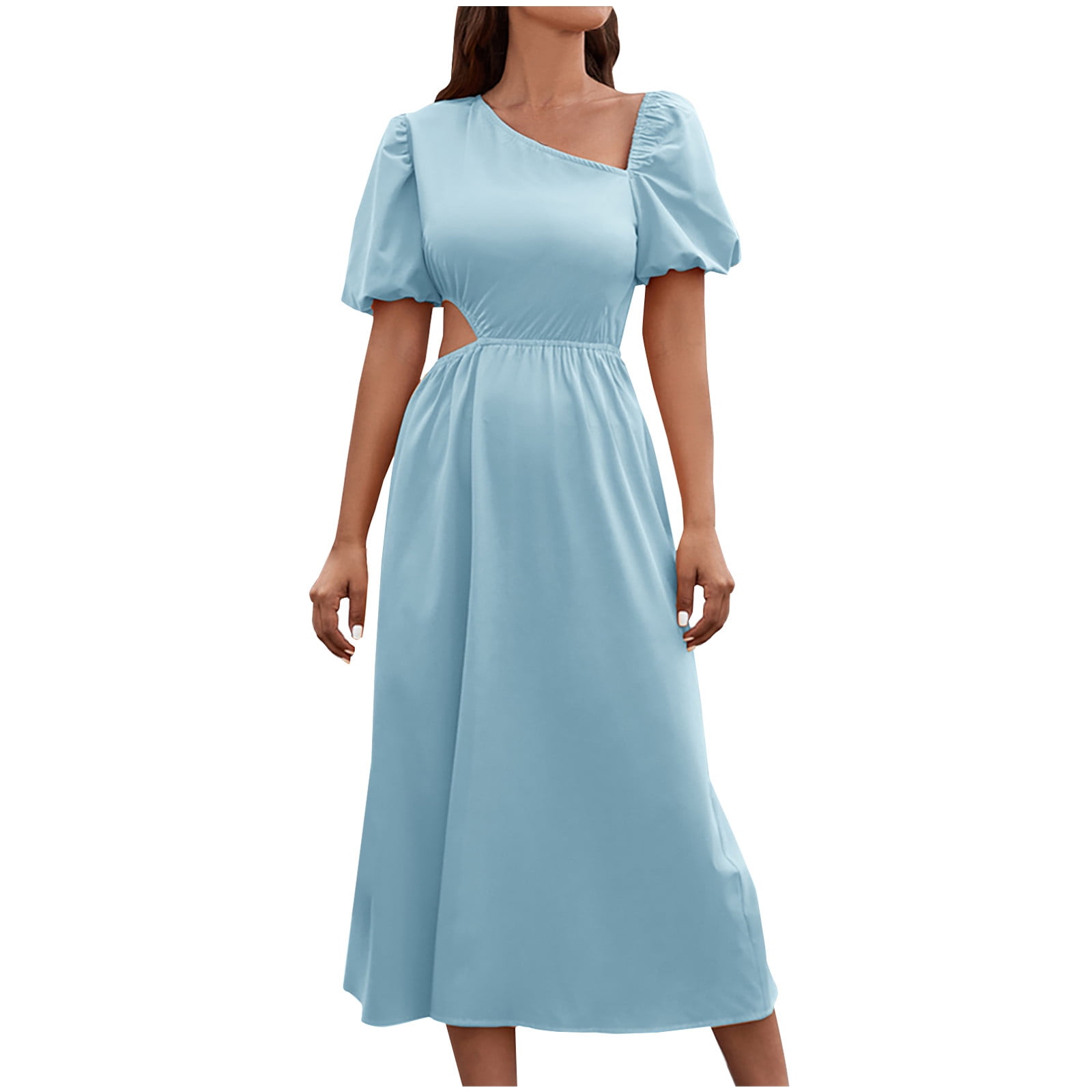 Mrat Short Sleeve Round-Neck Dress Flattering Dress Hide Tummy Women Casual  Crewneck Straps Short Sleeve Gradient Print Loose Dress With Pocket