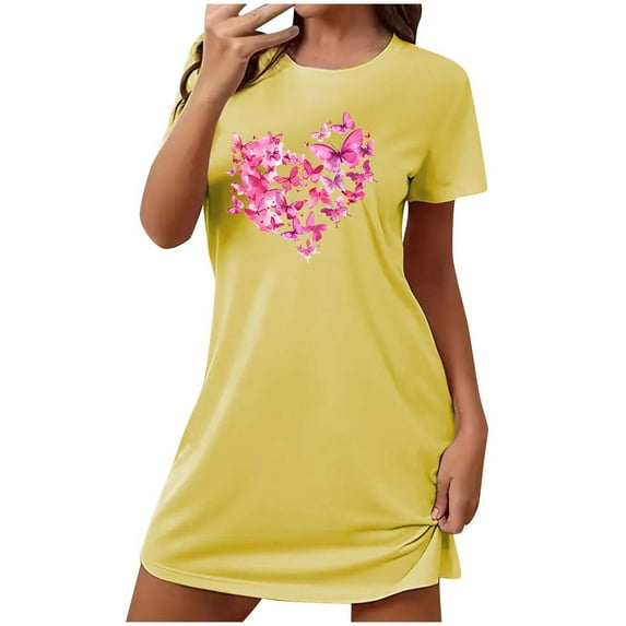 Mrat Silk Nightgown Women's Oversized Short Nightgown Fashion Chest Print Short Sleeve Nightdress S-87 Yellow L