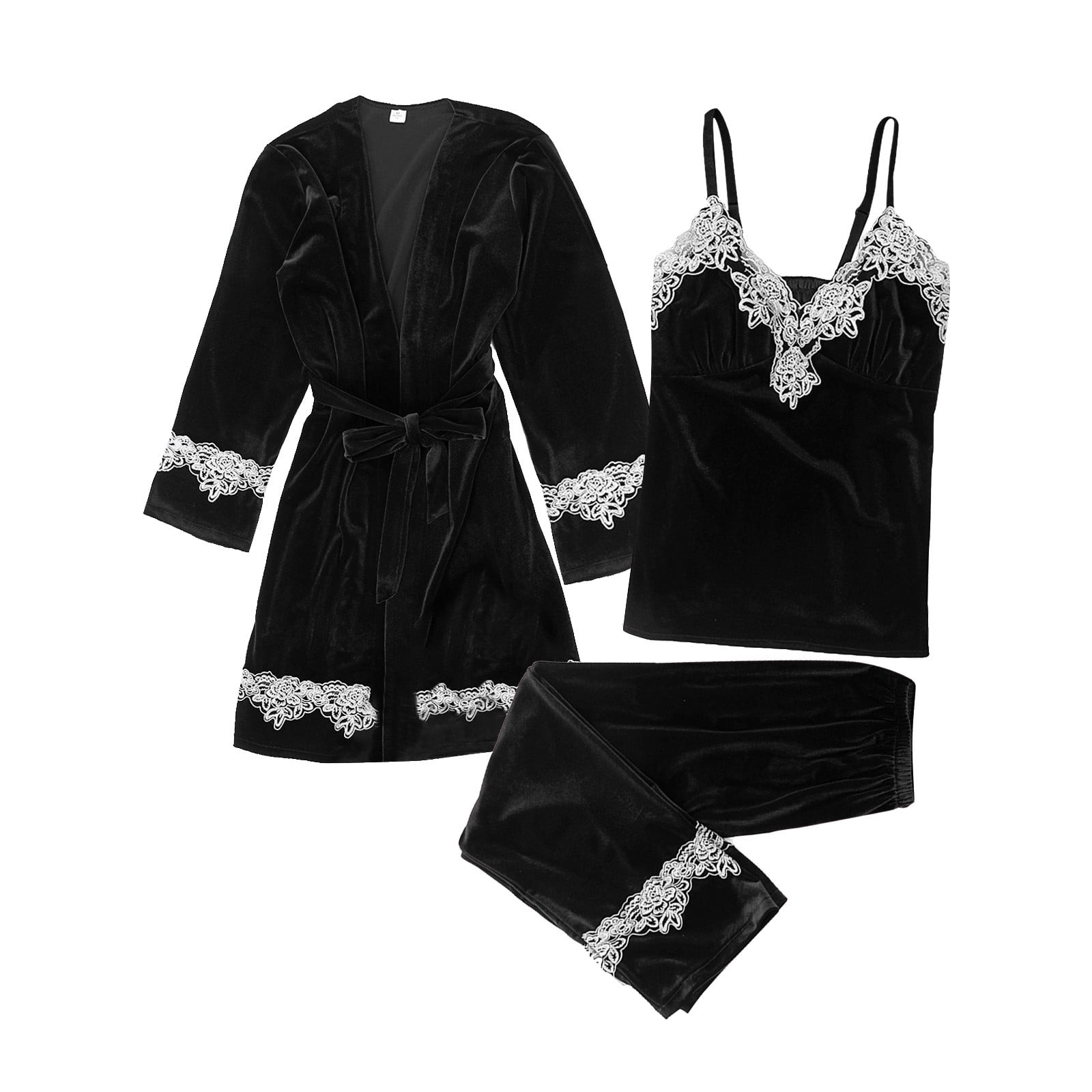 Mrat Silk Robes for Women Pajama Sets 3PC Nightgown Gold Lingerie Robe ...
