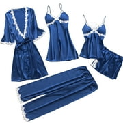 Mrat Silk Robes for Women Pajama Sets 5-Piece Garter Silky Pajamas for Women Lingerie Skirt Ladies Robe Lingerie Set Robes Lace Bodysuit Deep-V Neck Blue_E XXL