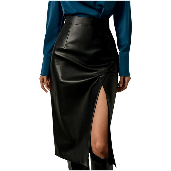 Mrat Skater Skirts Women's High-Waisted Knee Length Slim Leather Skirt with Hip Slit Skirt Skater Skirts S-7 Black M
