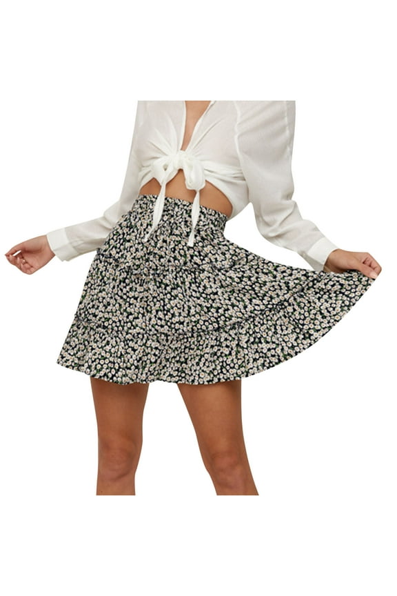 Skirt High Waist Pleated Skirt Ladies Summer Casual Vintage High Waist Floral Print Beach Ruffled Short Skirt Female High Elastic Pleated Skirt
