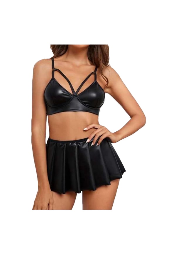 Mrat Skirt Women's Short Skirts Casual Underwear Black Patent Leather Bra Skirt Two Piece Set Black Pencil Skirt