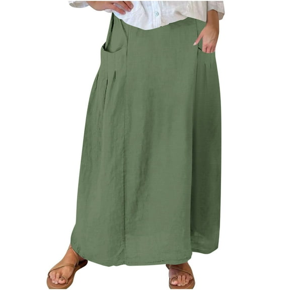 Mrat Skirt with Pockets Women's Casual Retro Floral Skirts Linen Elastic Waist Pleated Maxi Skirt with Pockets Plus Size Skirts S-146 Green 3XL