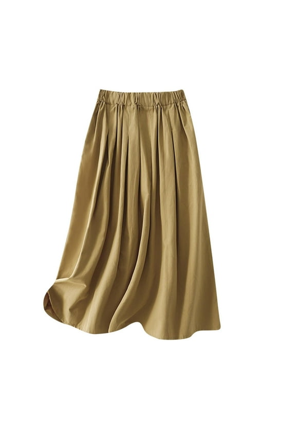 Skirts Knee Length Women's Summer Solid Elastic Waist Cotton Linen Ankle Beach Skirt A-Frame Skirts S-32 Khaki XXL