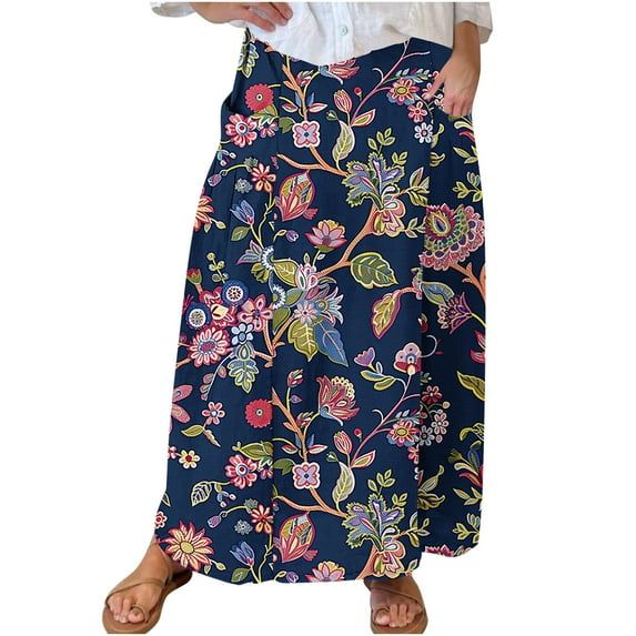 Mrat Skirts with Pockets for Women Women's Casual Retro Floral Skirts Linen Elastic Waist Pleated Maxi Skirt with Pockets Plus Size Skirts S-128 Navy L