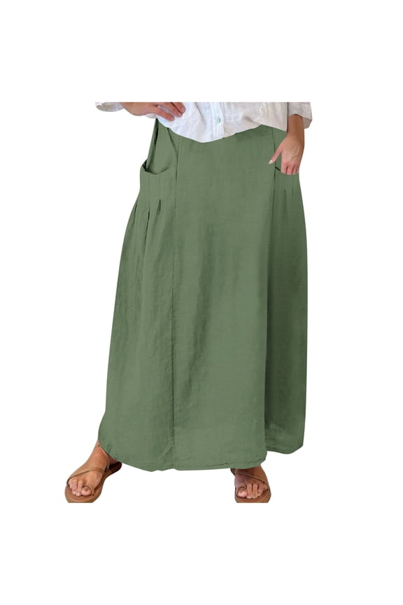 Skirts for Women Trendy Summer Women's Casual Retro Floral Skirts Linen Elastic Waist Pleated Maxi Skirt with Pockets Plus Size Skirts S-146 Green 5XL