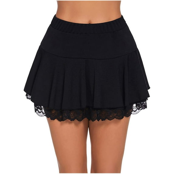 Mrat Skirts for Women Trendy Summer Women's Summer Solid Lace Swimsuit Cover up Skirt Splice High Waist Pleated Bodycon Short Mini Skir Skirt Half Length Skirt Black S