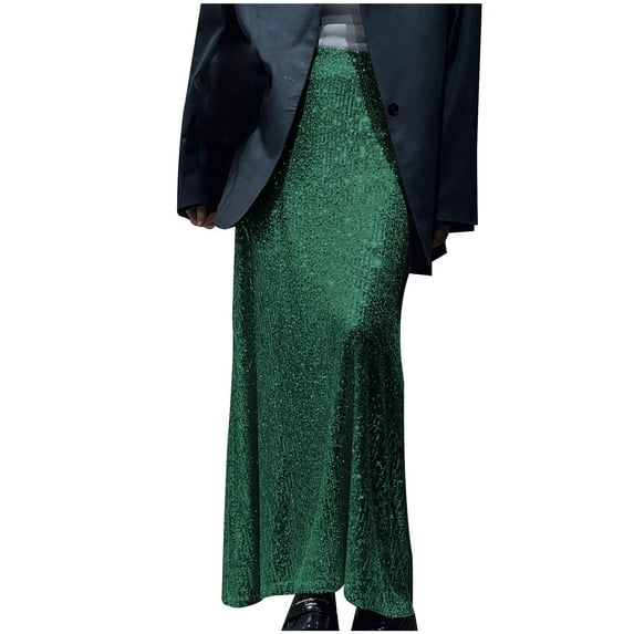 Mrat Skirts for Ladies Knee Length Fashion Women Casual Sequin High Waist Solid Color Long Maxi Skirt Long Skirts S-125 Army-Green M