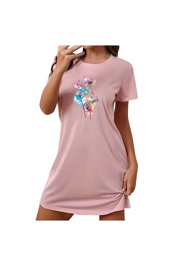 Soft Pajama Skirt for Women Plus Size Nightgowns for Women Oversized Sleep Tshirts Dress Short Sleeves Sleepwear S-100 Pink-A L