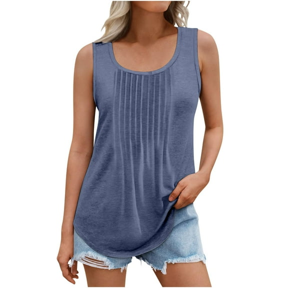Mrat Spandex Tank Tops for Women Women's Tank Tops 2024 Pleated Round Neck Loose Fitting Casual Flowy Tunic Sleeveless Shirts S-312 Navy 4XL