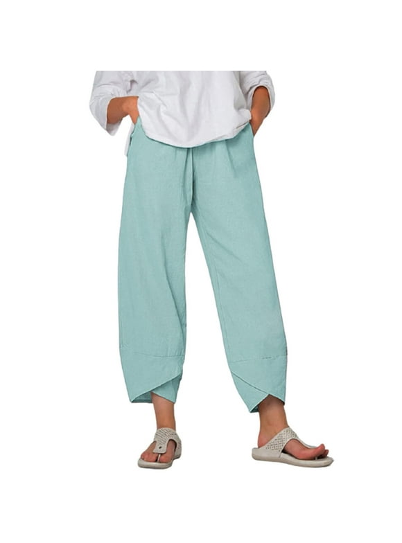 Mrat Sport Pants For Women Full Length Pants Ladies Print Pocket Sports Running Yoga Athletic Cotton and linen Pants Summer Pants Female Green S