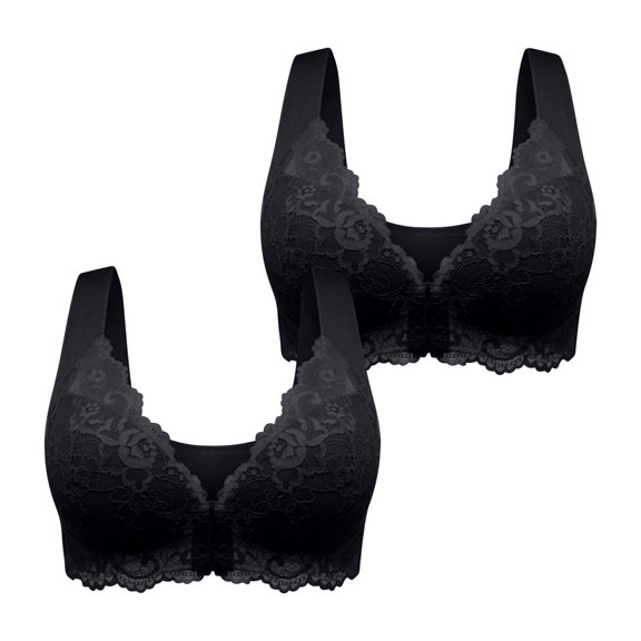 Mrat Sports Bra Tops 2pc Women's Lace Front Buckle Bra Wire Underwear Breathablebra Everyday Underwear Bras S-478 Black 6XL