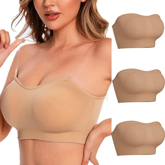 Mrat Sports Bras for Women Large Bust 3pc Strapless Bandeau Bra for Women, Seamless Bralettes Stretchy Padded Tube Tops Bra with Clear Strap S-405 Beige L