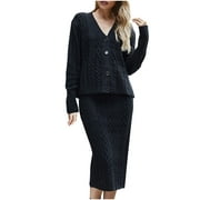 Mrat Sports Outfit Set Women's Solid Cardigan Knitted V-Neck Long-Sleeved Buttoned Knitted Sweater and Suit Hip-Covering Skirt Outfits S-606 Black XXL