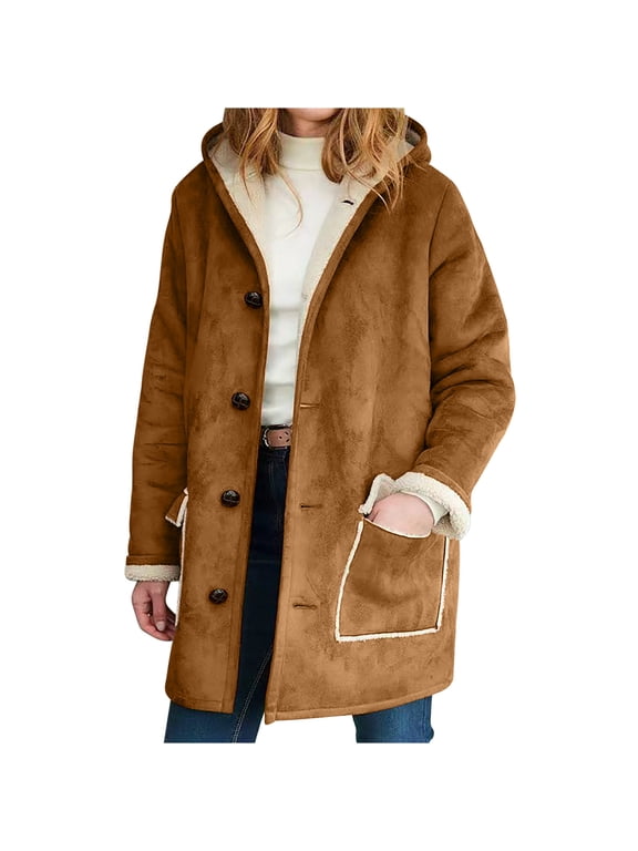 Spring Fall Jackets for Lady 2024 Women Winter Warm Composite Plush Button Hooded Jacket Outwear Solid Color Coat Woman Hoodie Zip up S-221 Coffee M