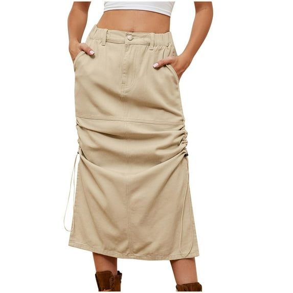 Mrat Straight Skirt Women's Spring/Summer Denim Casual Wear Pocket Skirt Casual Mid Length Drawstring Skirt Crochet Skirts S-121 Khaki M