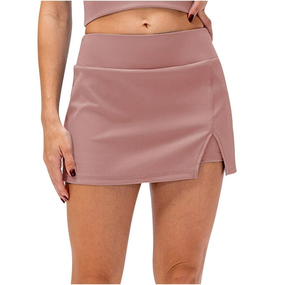 Mrat Stretchy Flared Skirt Women's Fake Two-Piece Running Casual Summer Sports Shorts Gym Yoga Slit Tennis Skirt with Pockets Skirts for Women Knee Length S-120 Pink-A L