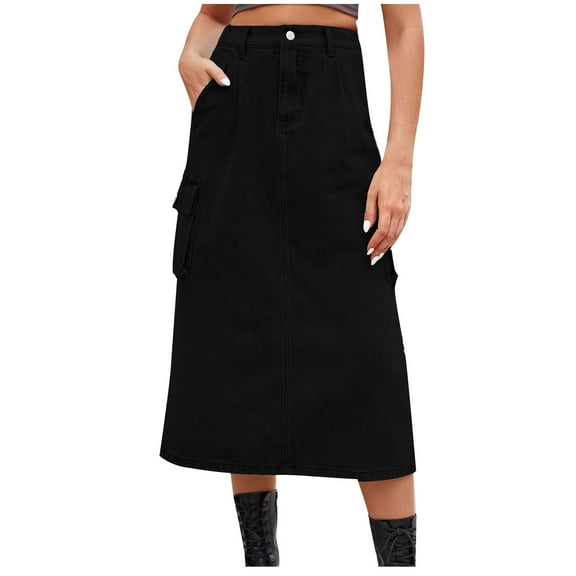Mrat Stretchy Skirt Women's Spring Summer Denim Dress Pocket Skirt Casual Mid-Length Skirt Cover Up Skirt S-131 Black S