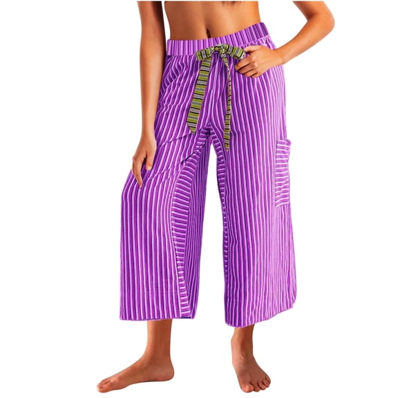 Mrat Striped Wide Leg Capris for Women Loungewear Pants Mid Elastic Waisted Drawstring Beach Pants Cropped Pants with Pockets S-22 Purple S
