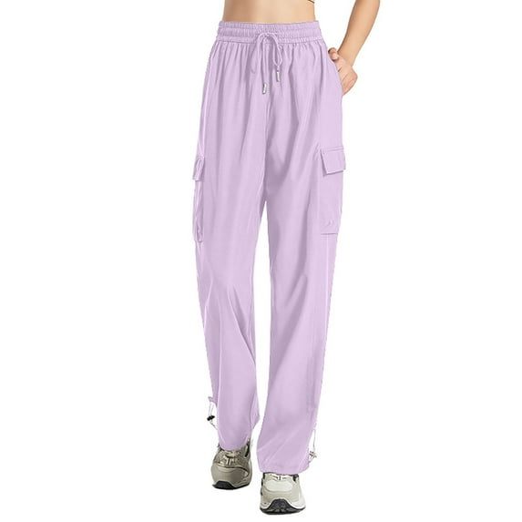 Mrat Summer Beach Pants Women's Casual Solid Daily Wide Leg Sports Workwear Pants with Two Pockets S-59 Purple 4XL