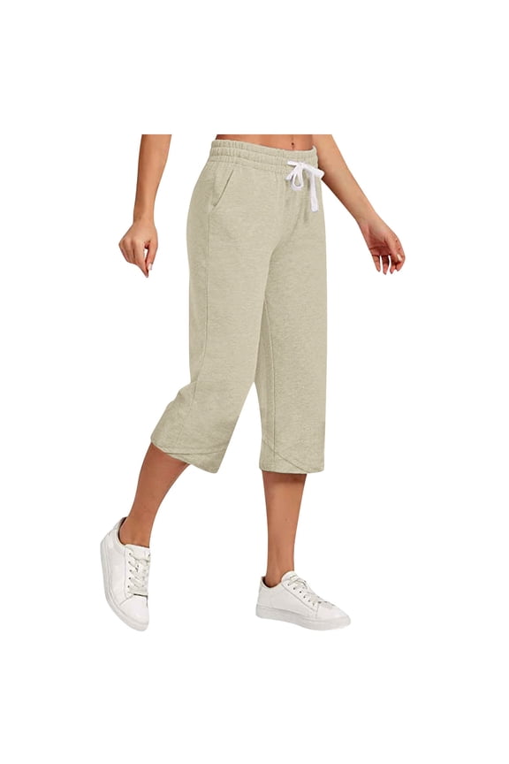 Summer Capris Pants for Women Drawstring Large Solid Casual Loose Cropped Pants with Pockets Flare Pants S-62 Khaki L