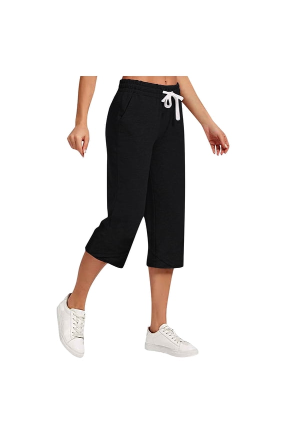 Mrat Summer Capris Pants for Women Drawstring Large Solid Casual Loose Cropped Pants with Pockets Sweatpants Pants S-60 Black XXL