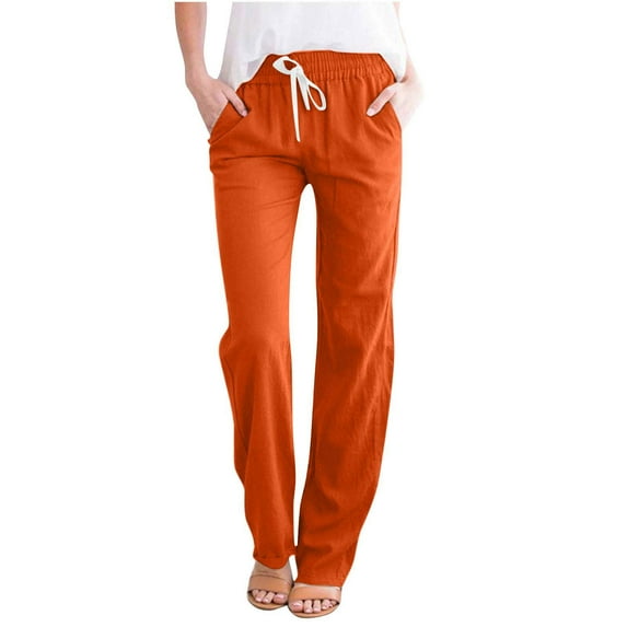 Mrat Summer Pants Full Length Pants Fashion Ladies Summer Casual Loose Cotton and Linen High Waisted Trousers Solid Color Drawstring Elastic Waist Loose Long Pants with Pocket Orange_A XL