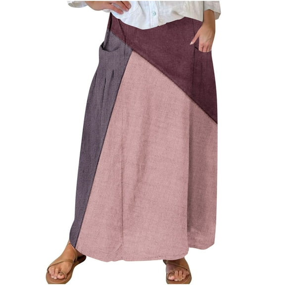 Mrat Summer Skirts for Women Women's Casual Retro Floral Skirts Linen Elastic Waist Pleated Maxi Skirt with Pockets Plus Size Skirts S-166 Watermelon Red-A 4XL