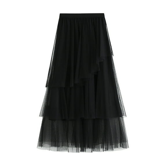 Mrat Summer Spring Skirt Women's Solid Color Irregular Mesh Skirt Ball Cake Skirt Half-Length Skirt Peasant Skirts S-155 Black One Size