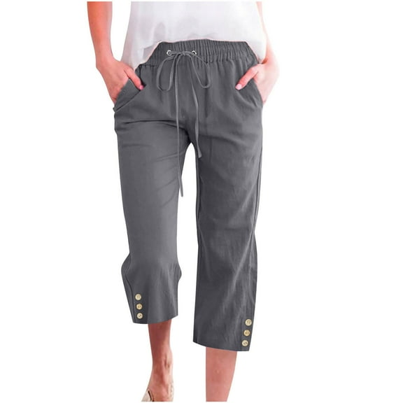 Mrat Summer Womens Casual Solid Drawstring Capris Elastic Loose Pants Straight Wide Leg Trousers with Pocket Cropped Pants with Pockets S-66 Dark Gray XXL