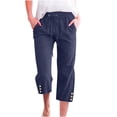 thumbnail image 1 of Mrat Summer Womens Casual Solid Drawstring Capris Elastic Loose Pants Straight Wide Leg Trousers with Pocket Drawstring Waist Loose Pants S-64 Navy L, 1 of 5