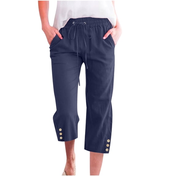 Mrat Summer Womens Casual Solid Drawstring Capris Elastic Loose Pants Straight Wide Leg Trousers with Pocket Drawstring Waist Loose Pants S-64 Navy L