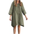 thumbnail image 1 of Mrat Sundresses for Women Linen Cotton Solid 3/4 Sleeve Round Neck Knee Length Midi Casual Beach Dresses S-43 A-Green S, 1 of 6