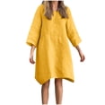 thumbnail image 1 of Mrat Sundresses for Women Linen Cotton Solid 2024 3/4 Sleeve Round Neck Knee Length Midi Casual Beach Dresses S-43 Yellow XL, 1 of 6