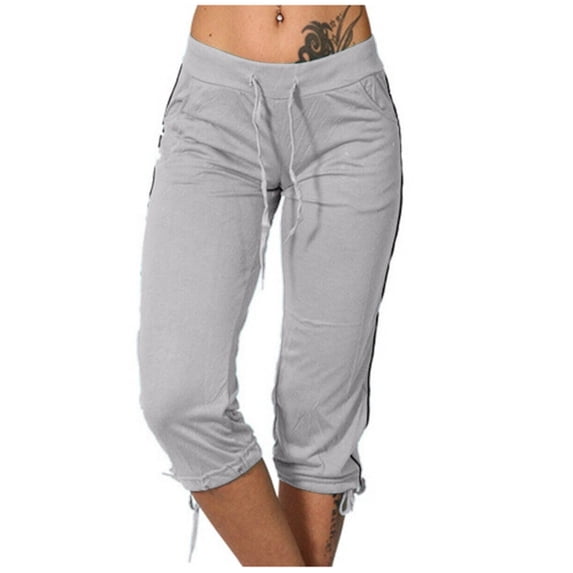 Mrat Sweat Capris for Women Cropped Yoga Pants Slim Fitting Drawstring Athletic Yoga Pants Jogger Running Capris with Pockets S-22 Gray 3XL