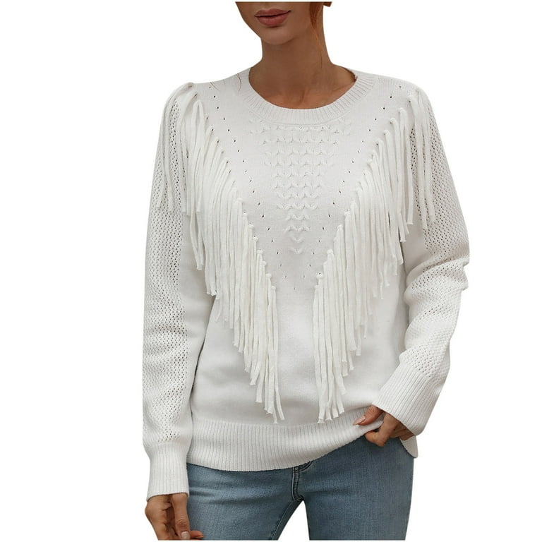 Mrat Sweater Set for Women Long Sleeves Tassel Sweaters Sweater Shirt Crew Neck Loose Solid Color Jumper Tops Knitted Sweater White M