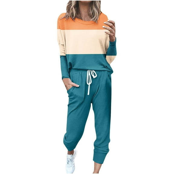 Mrat Sweatpants Women Set 2 Piece 2 Piece Jogging Sets Color Block Polyester Long Sleeve Sweatsuits Sets Two Piece Track Suits Drawstring High Waist Pants Set Comfy Outfits Q-Navy M