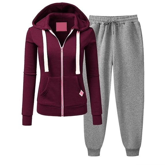 Mrat Sweatsuits for Women Set 2 Piece Hoodie Long Sleeve Sweatshirts Jogger Pant Sweat Suits 2 Piece Set Hooded Set Cotton Sets for Ladies A1_Wine M